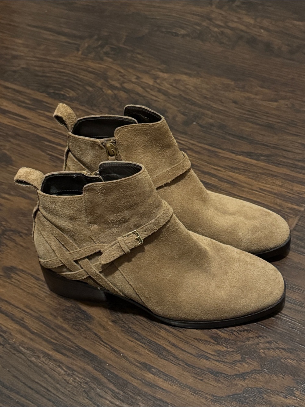 Cole Haan Tan Suede Ankle Booties with Buckle Strap